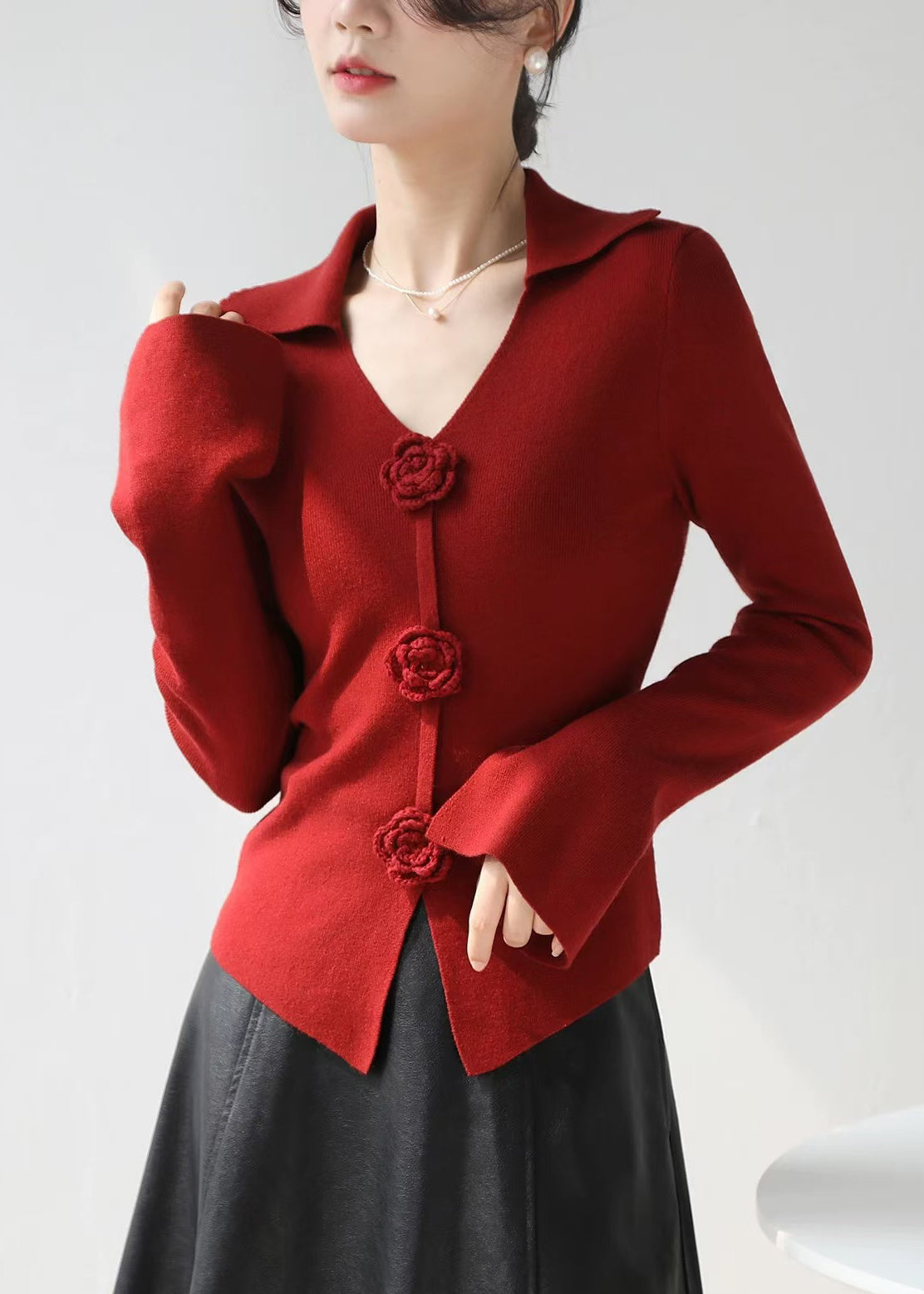 Style Red V Neck Slim Fit Knit Sweater Spring