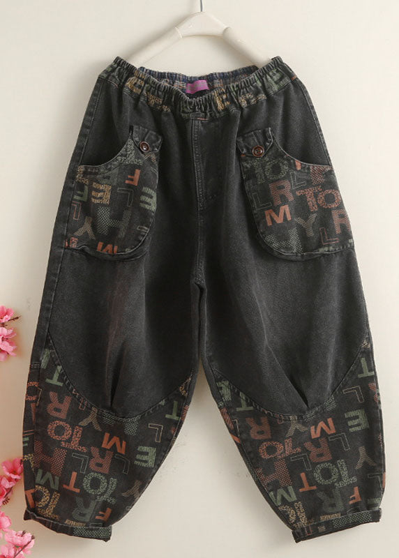 Black Pockets Graphic Print Denim Harem Pants Spring