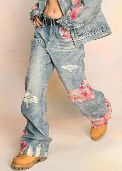 Blue Print Pockets High Waist Denim Pants Fall