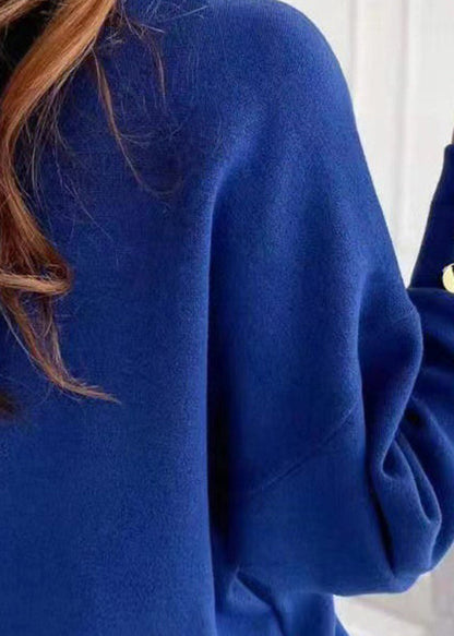 Blue V Neck Patchwork Loose Cotton Tops Fall