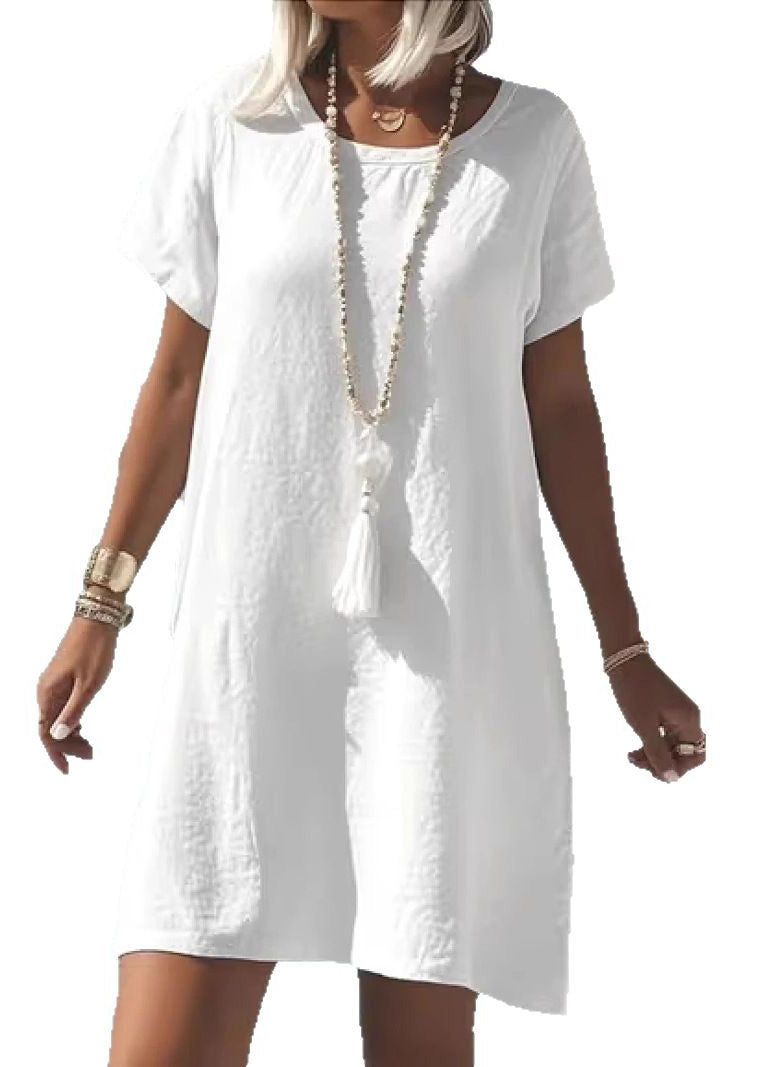Loose Blue O-neck Cotton Mid Dress Summer
