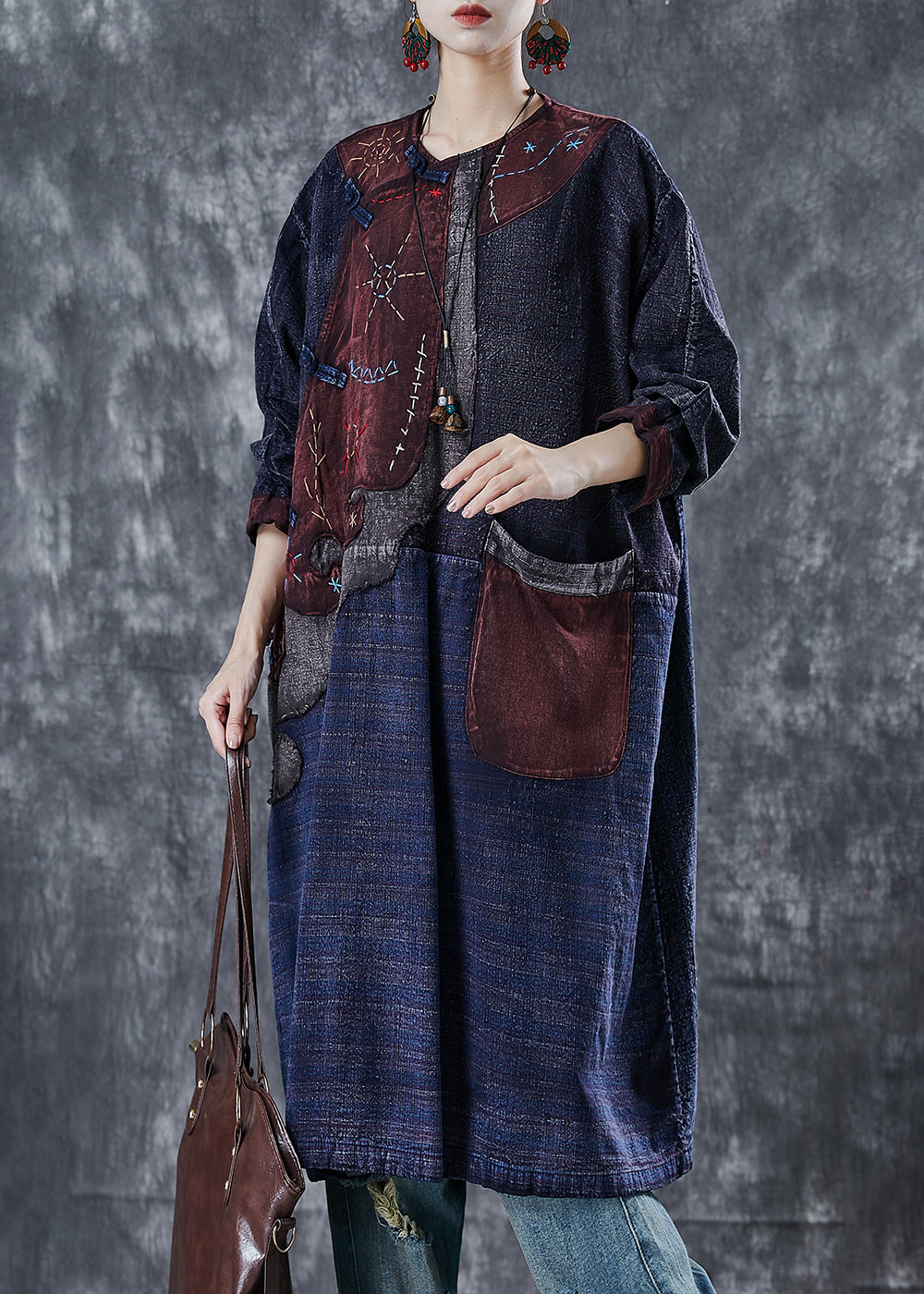 Navy Embroidered Patchwork Applique Denim Oriental Dresses Spring