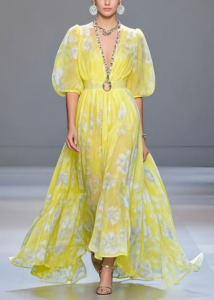 Yellow Cinched Print Chiffon Vacation Dresses Half Sleeve