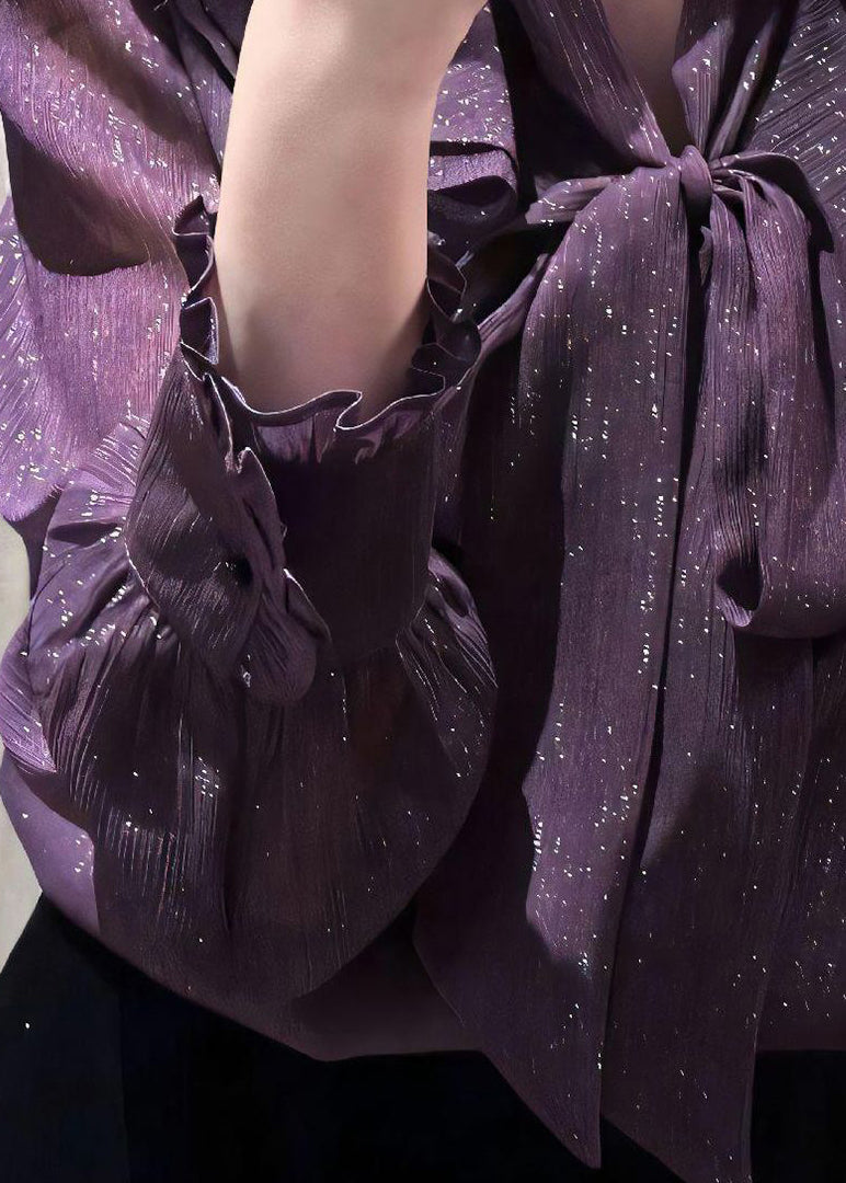 Unique Purple Bow Ruffled Shirt Fall