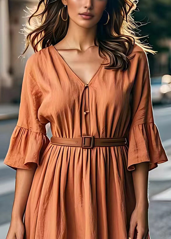 Brick Red V Neck Tie Waist Cotton Long Dresses Summer