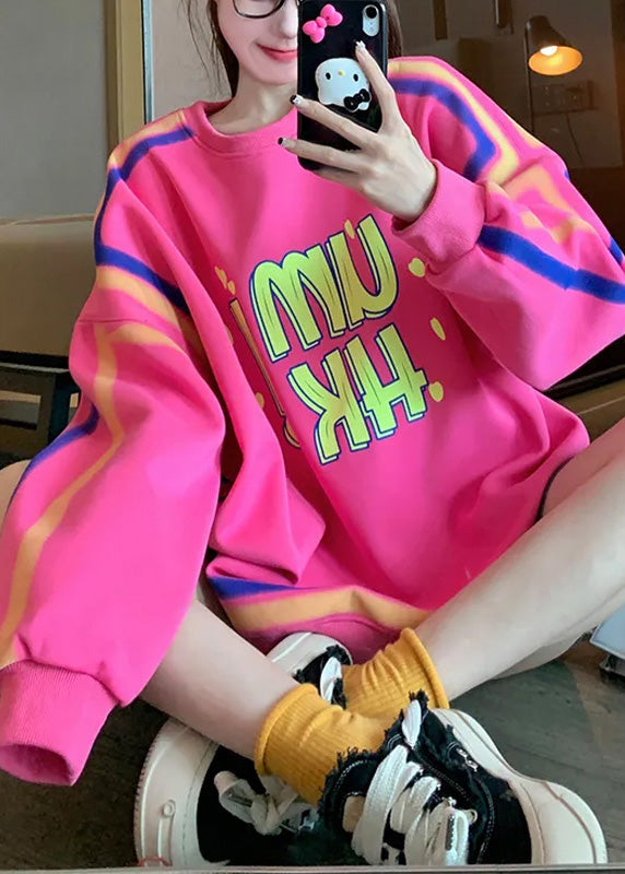 Pink O Neck Graphic Warm Fleece Loose Sweatshirts Top Spring