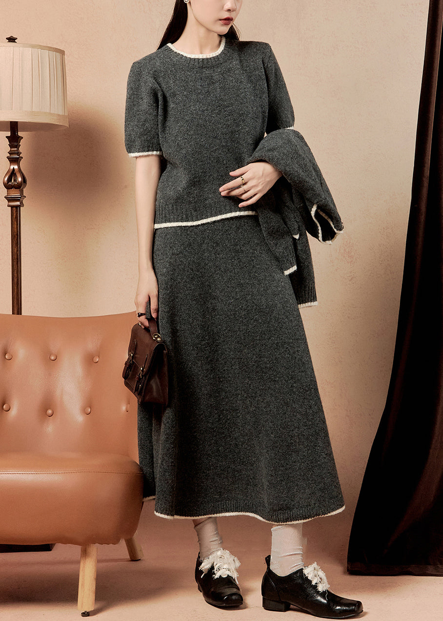 Dark Gray O Neck Button Knit Three Pieces Set Winter