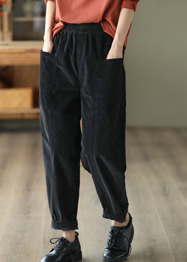 Black Elastic Waist Patchwork Pockets Corduroy Pants Spring