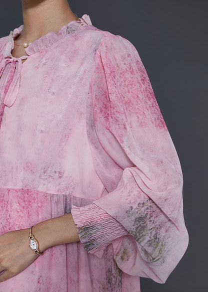 Pink Ruffled Tie Dye Chiffon Maxi Dress Fall