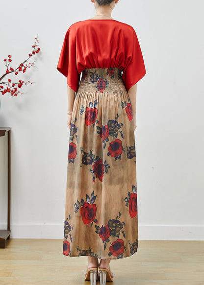 Red Elastic Waist Patchwork Chiffon Dress Summer