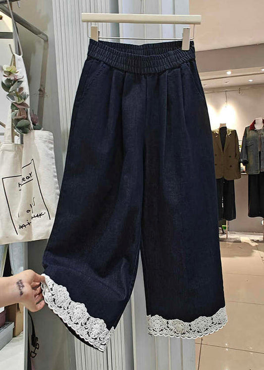 Loose Navy Pockets Lace Patchwork Denim Crop Pants Summer