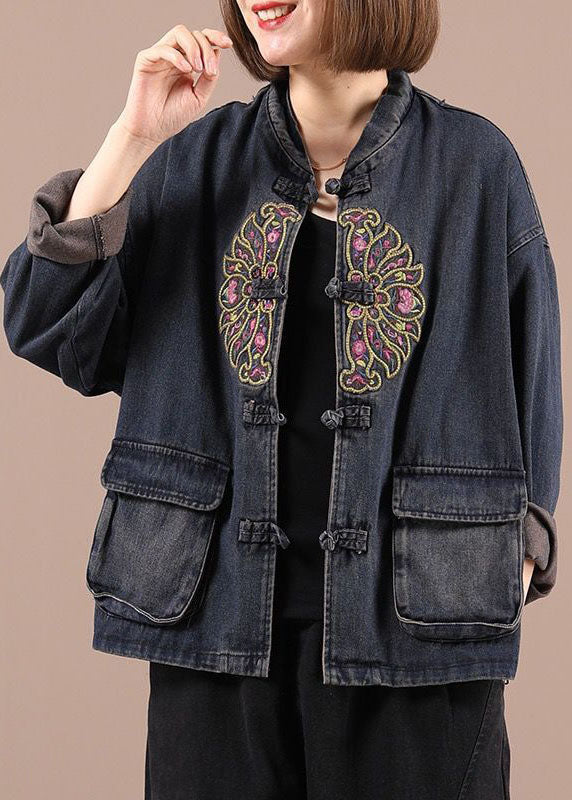 Black Button Embroidered Pockets Fall Denim Jackets