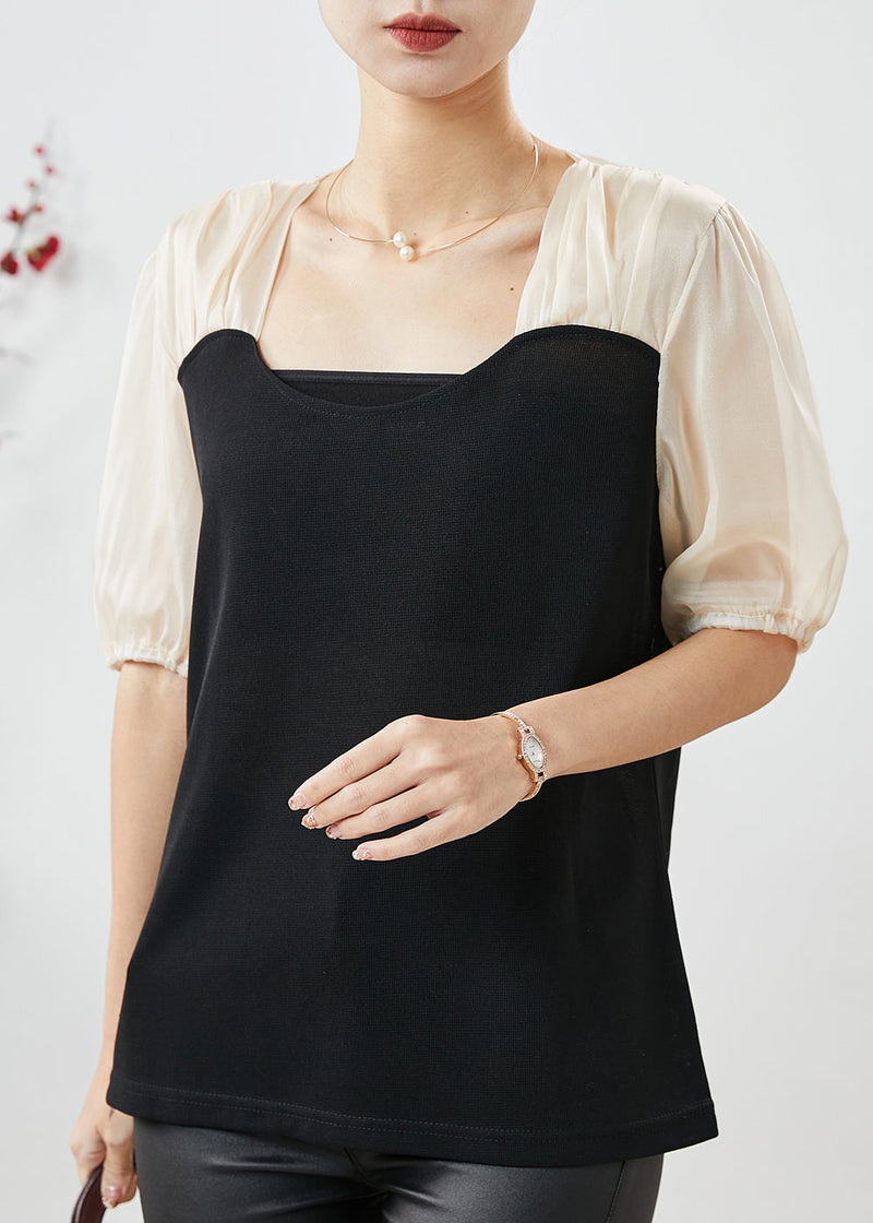 Fine Black Square Collar Patchwork Spandex Shirt Summer