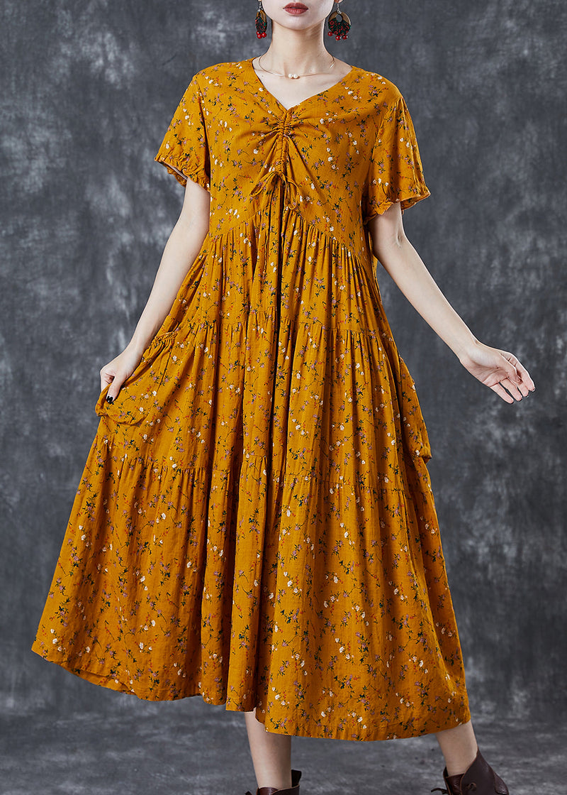Yellow Cinched Print Cotton Dress Summer