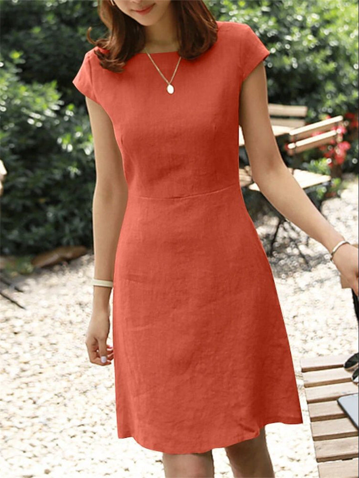 Comfortable Female Cotton and Linen Color Back Big V Hollow-out Round Neck Dress