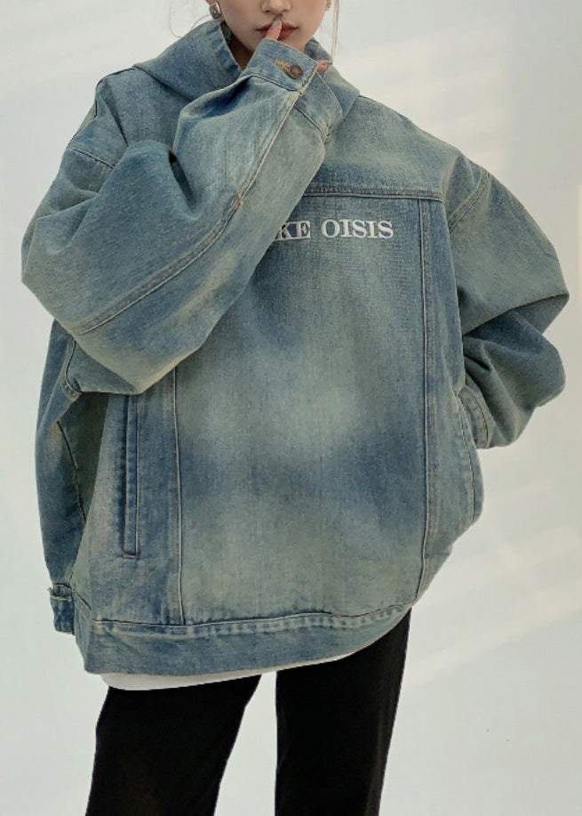 Denim Blue Patchwork Embroidered Hooded Coat Fall