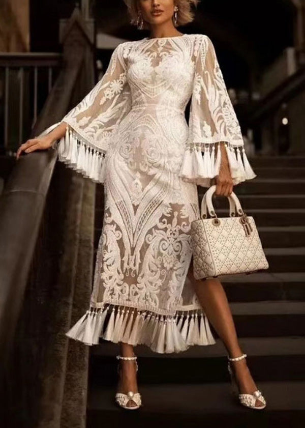 European and American Style White Tassel Embroidered Long Dress