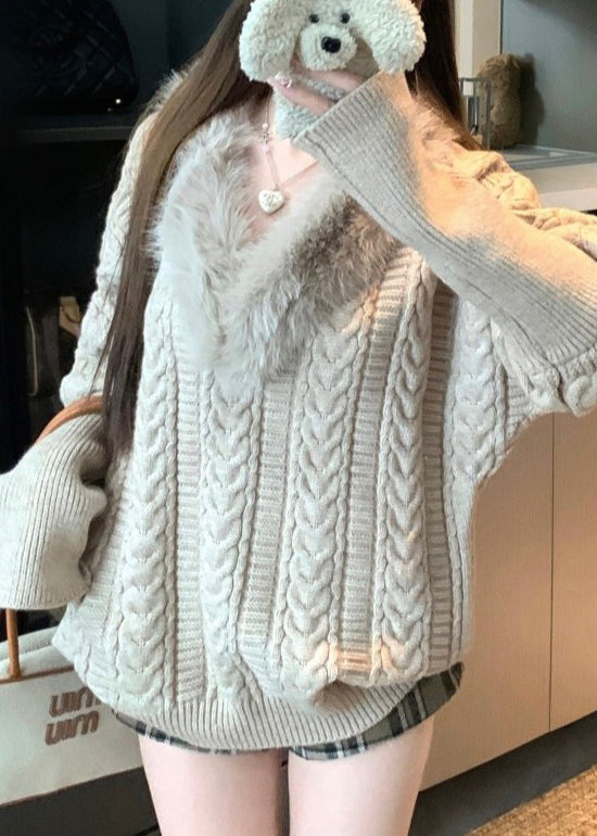 Khaki V Neck Fluffy Patchwork Cable Knit Sweaters Winter