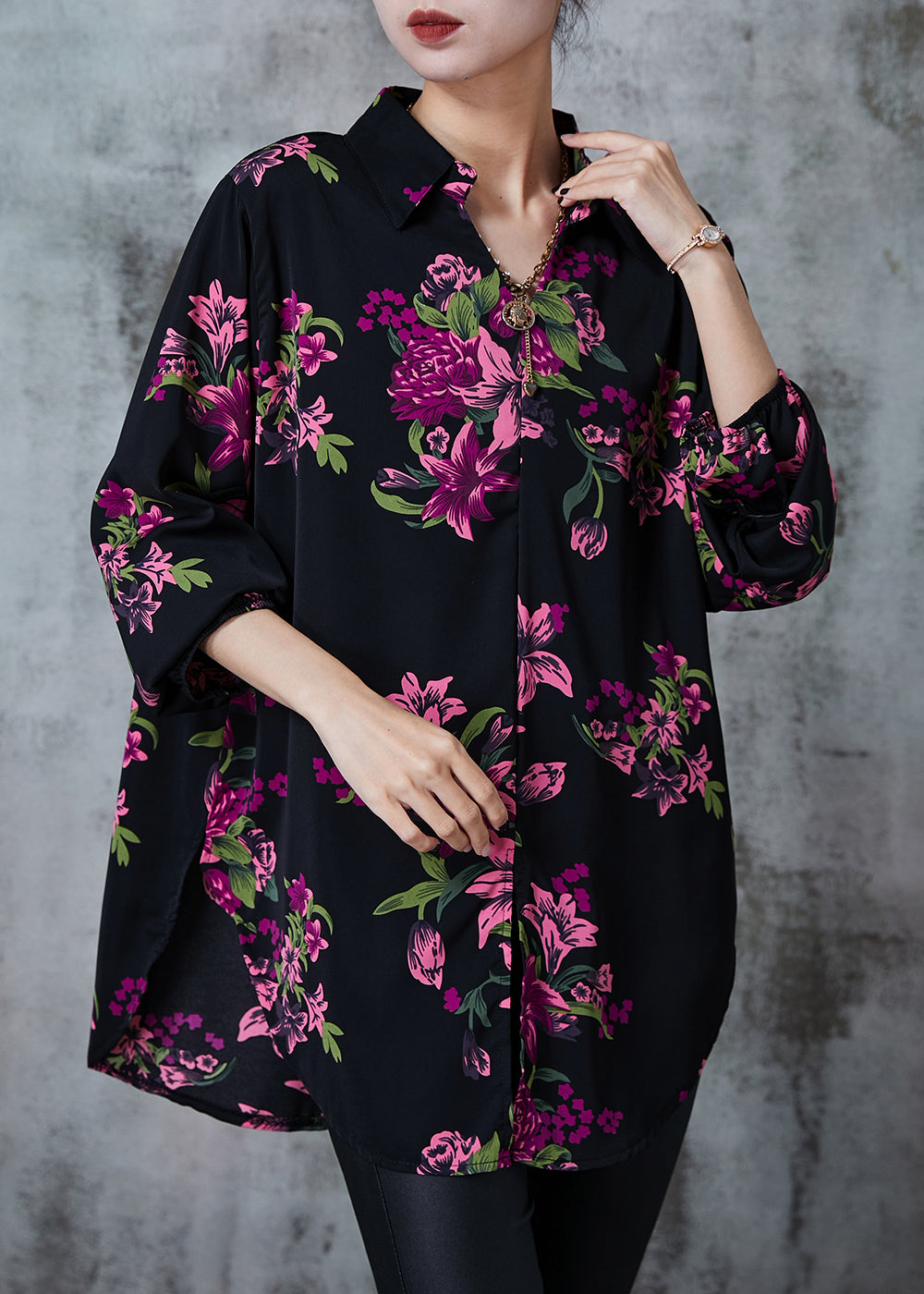 Purple Oversized Print Silk Blouse Top Summer