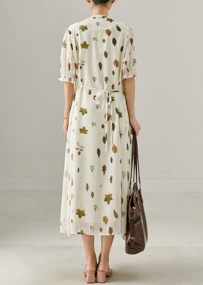 White V Neck Print Chiffon Maxi Dress Summer