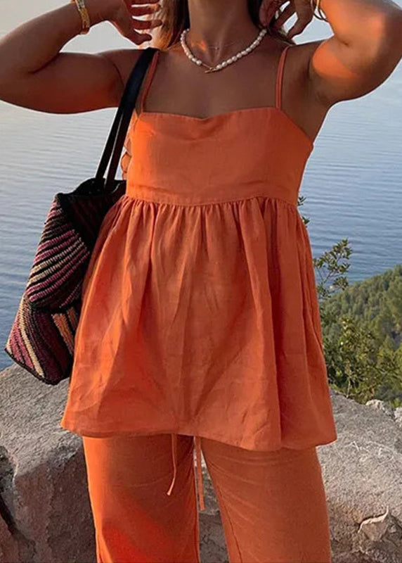 Simple Orange Spaghetti Strap Tank and Pants Cotton 2 Piece Outfit Sleeveless