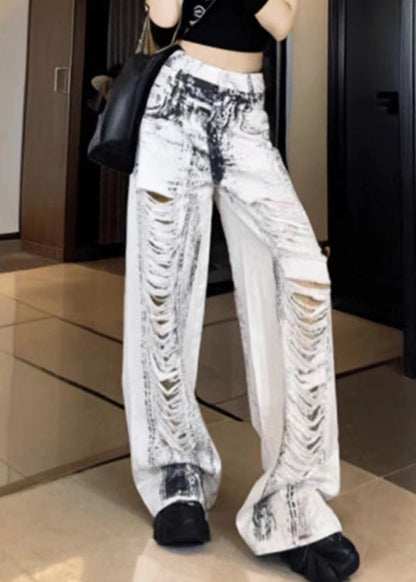 Loose White Tie Dye Pockets Hole Wide Leg Pants
