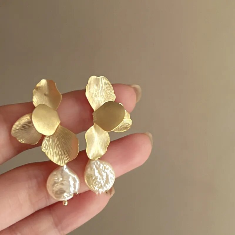 Golden Petal Baroque Pearl Earrings