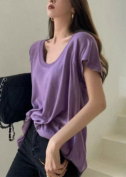 Loose Purple U Neck Cotton T Shirts Summer