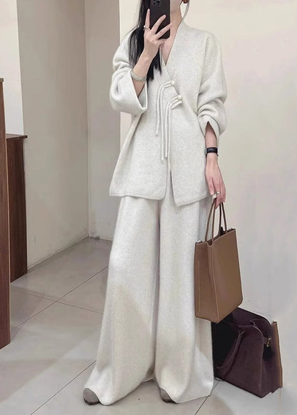 Brief Light Grey V Neck Button Knit Coats and Pants Two Piece Set Fall