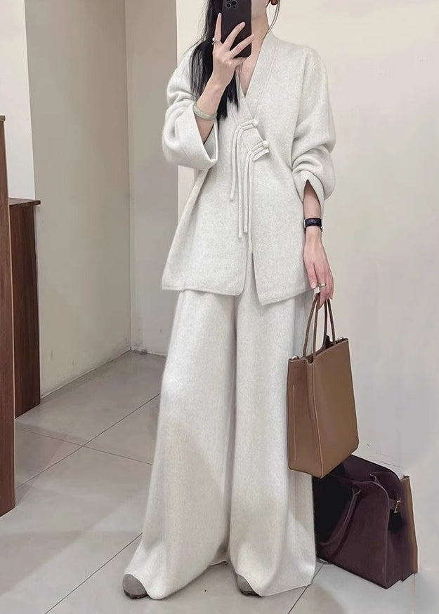 Brief Light Grey V Neck Button Knit Coats and Pants Two Piece Set Fall