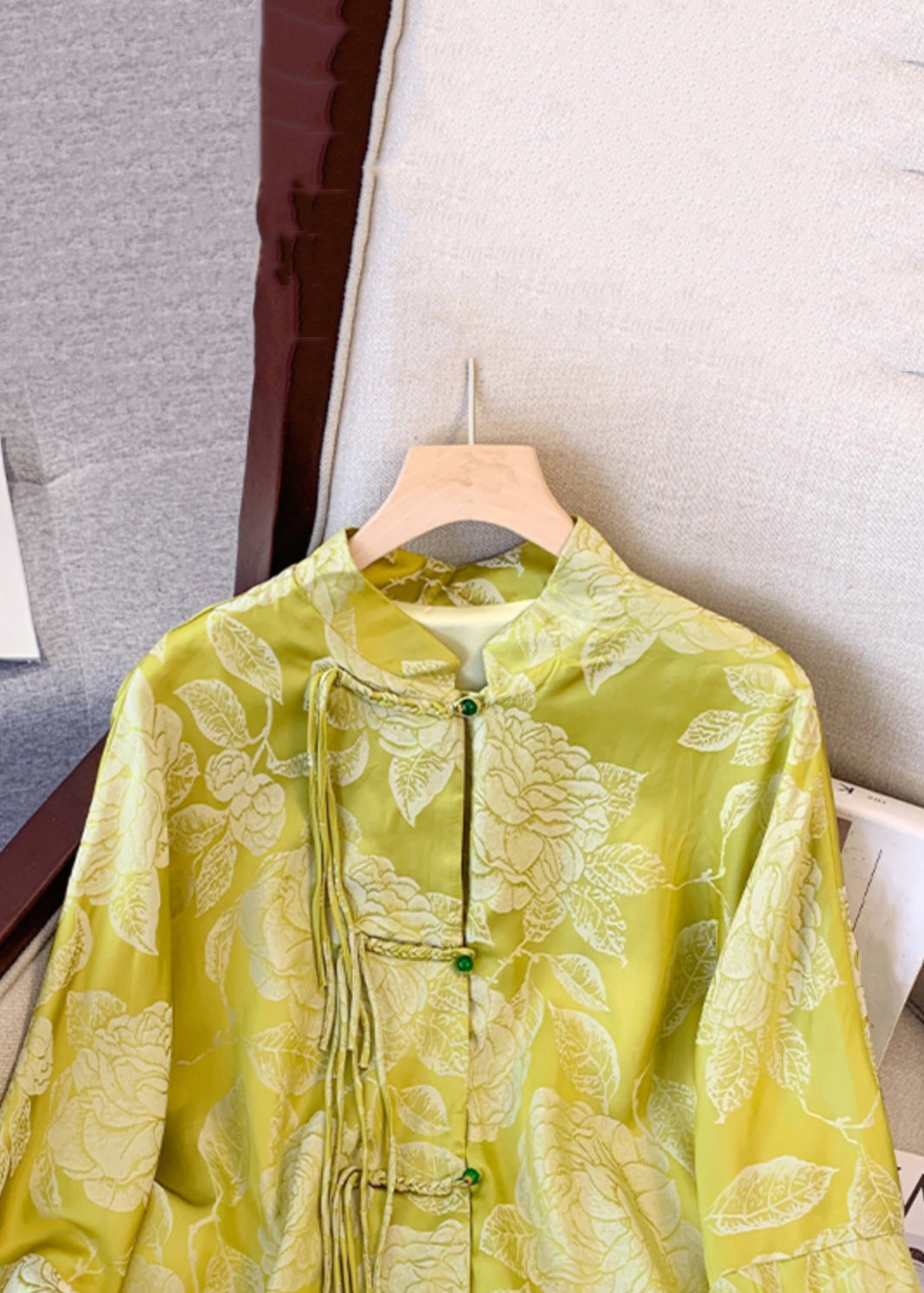 Yellow Tasseled Button Print Silk Coat Fall