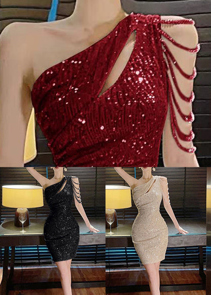 Handmade Black Asymmetrical Sequins Party Dress Sleeveless