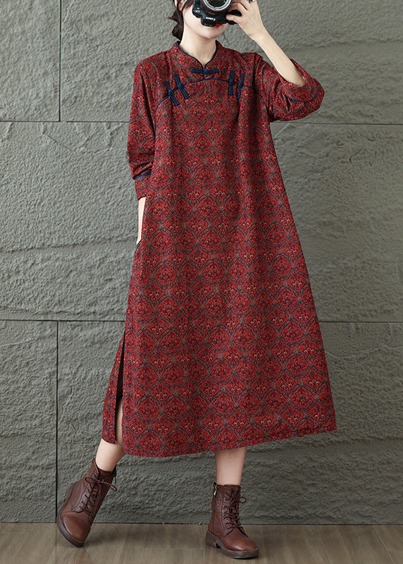 Red Stand Collar Print Oriental Button Cotton Dress Fall