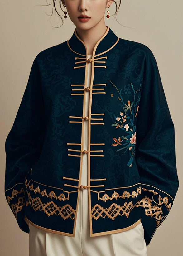 Navy Chinese Button Printsilk Coats Fall