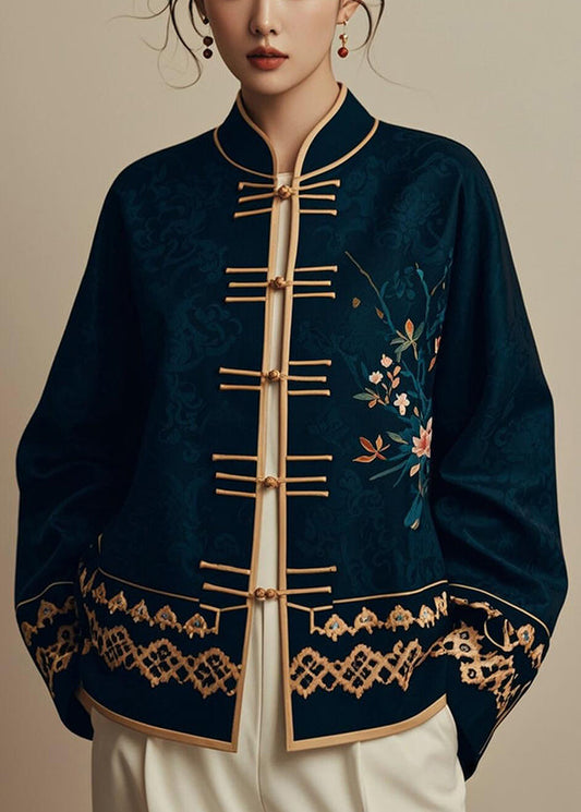 Navy Chinese Button Printsilk Coats Fall