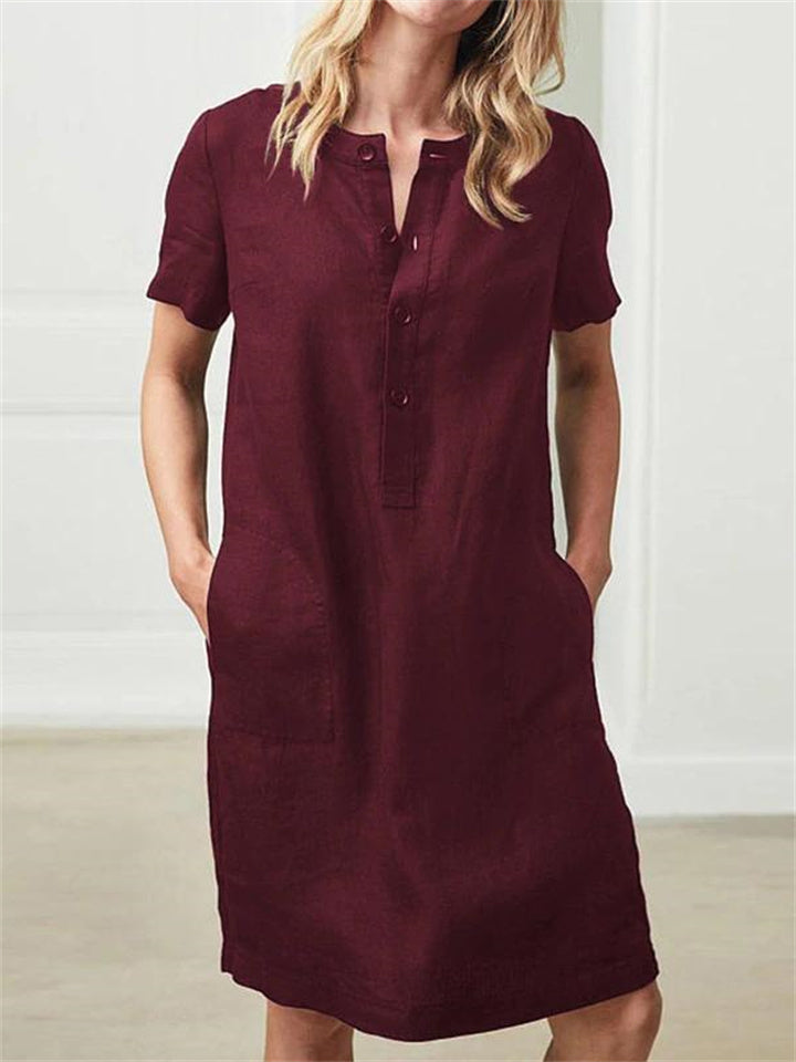 Color Cotton Linen Loose Short-sleeved Mid-length Female Dresses