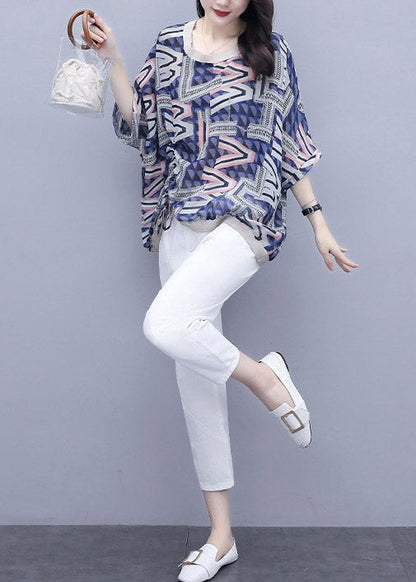 Blue Print Top and Pants Two Pieces Set Summer
