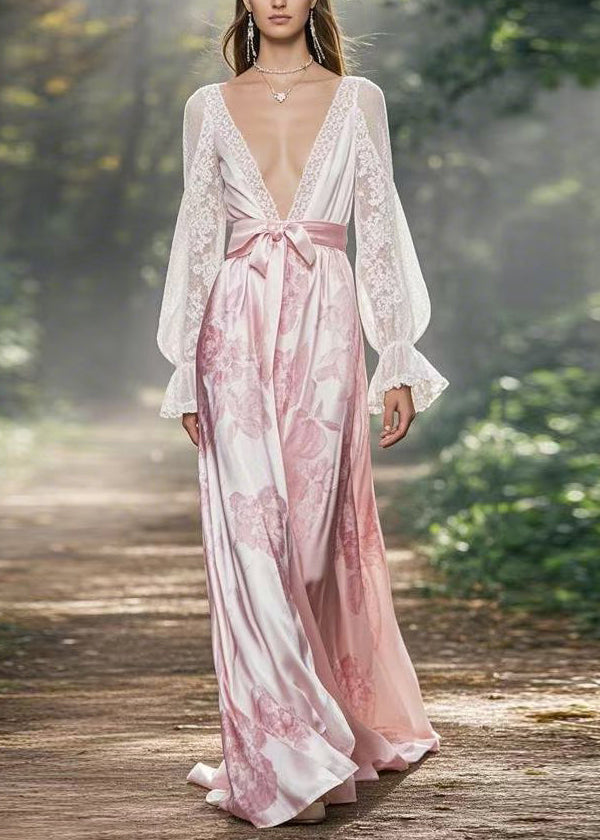 White V Neck Lace Up Silk Long Dress Flare Sleeve
