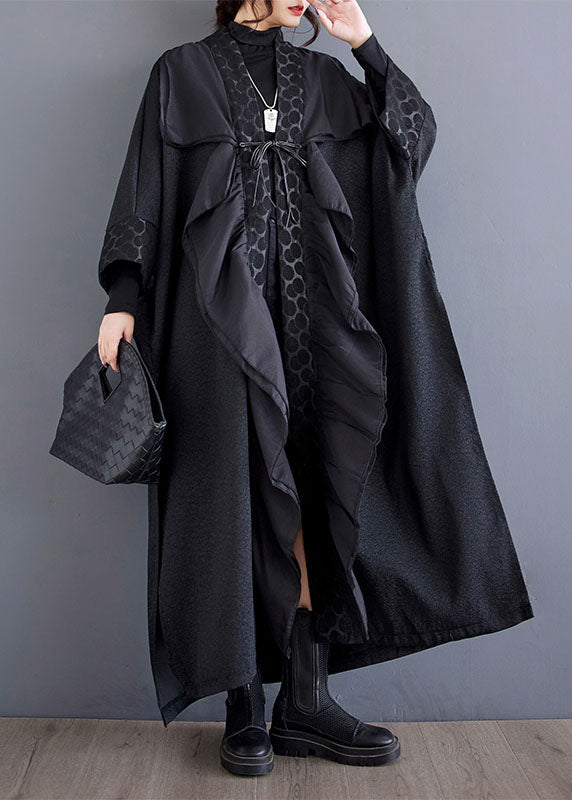Black Ruffled Asymmetrical Patchwork Cotton Trench Spring