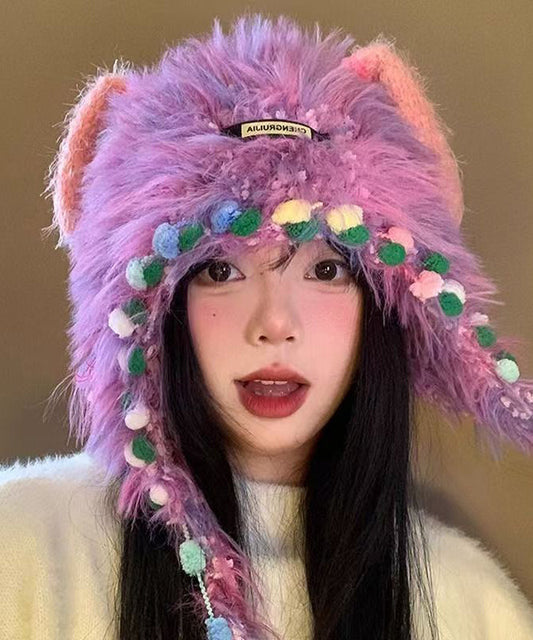 Purple Thick Warm Fuzzy Fur Knit Bonnie Hat