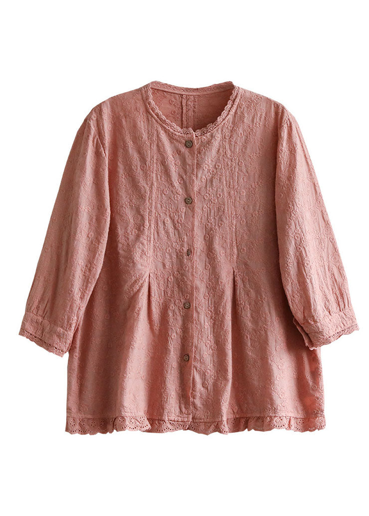 French Purple Embroidered Lace Patchwork Wrinkled Cotton Shirt Tops Bracelet Sleeve