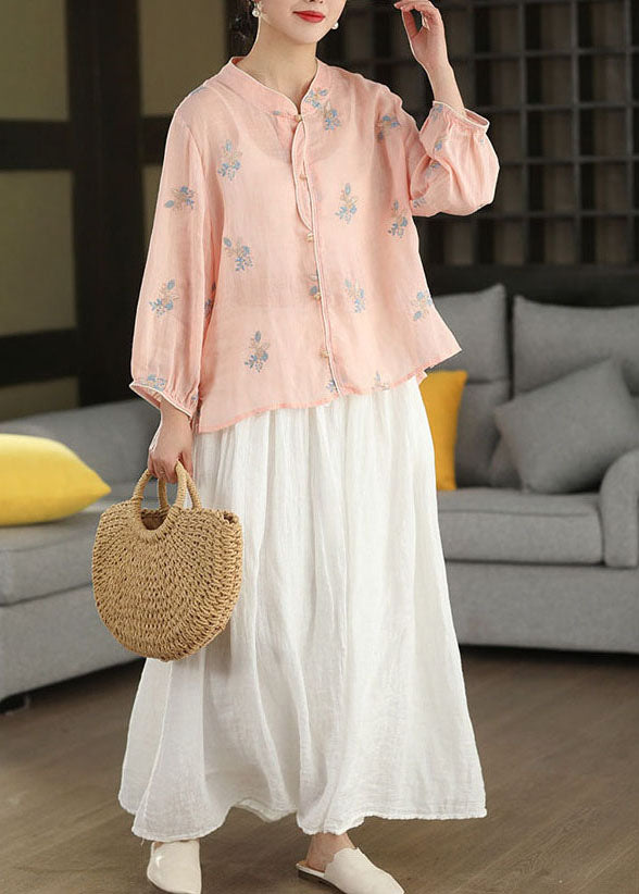 Pink Embroidered Oversized Linen Shirt Spring