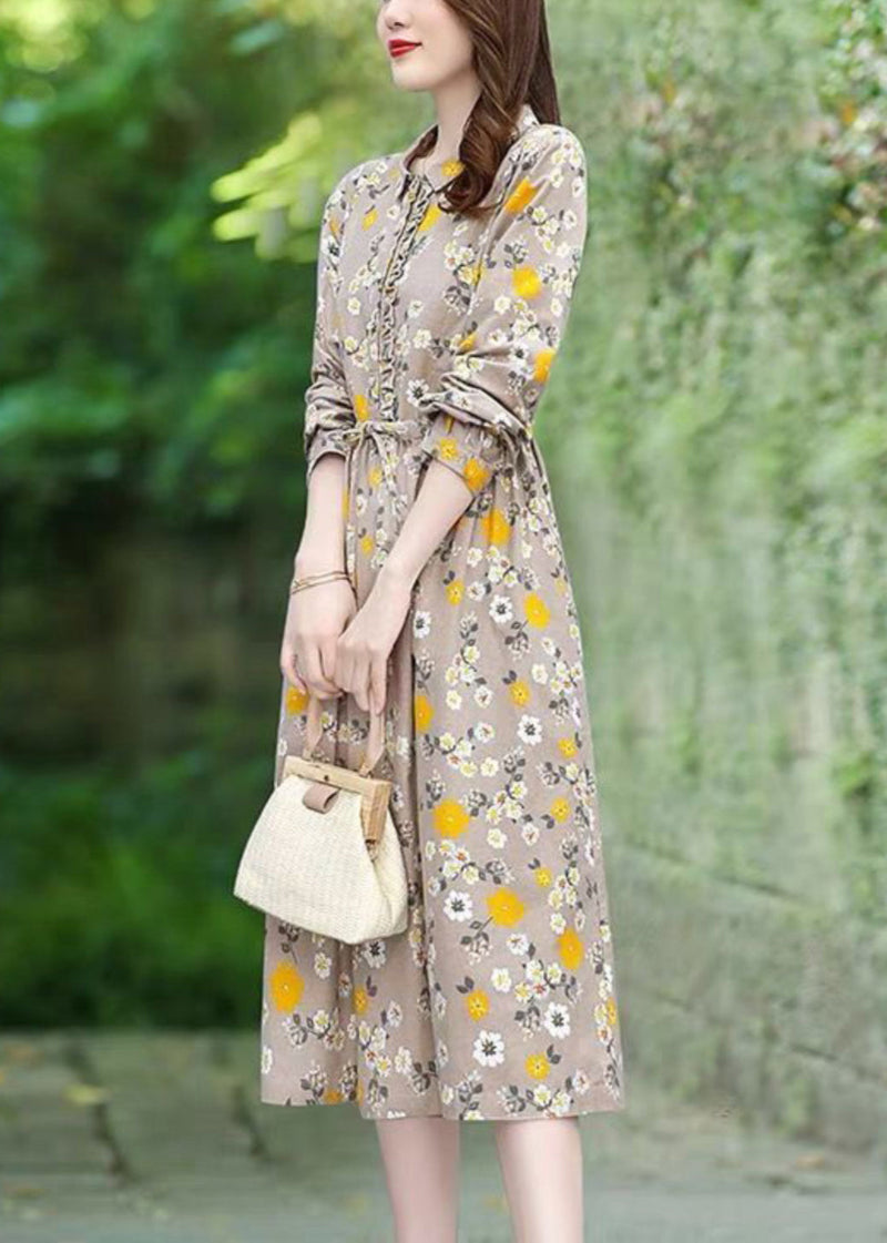 Beige Print Cotton Long Dress Tie Waist Spring