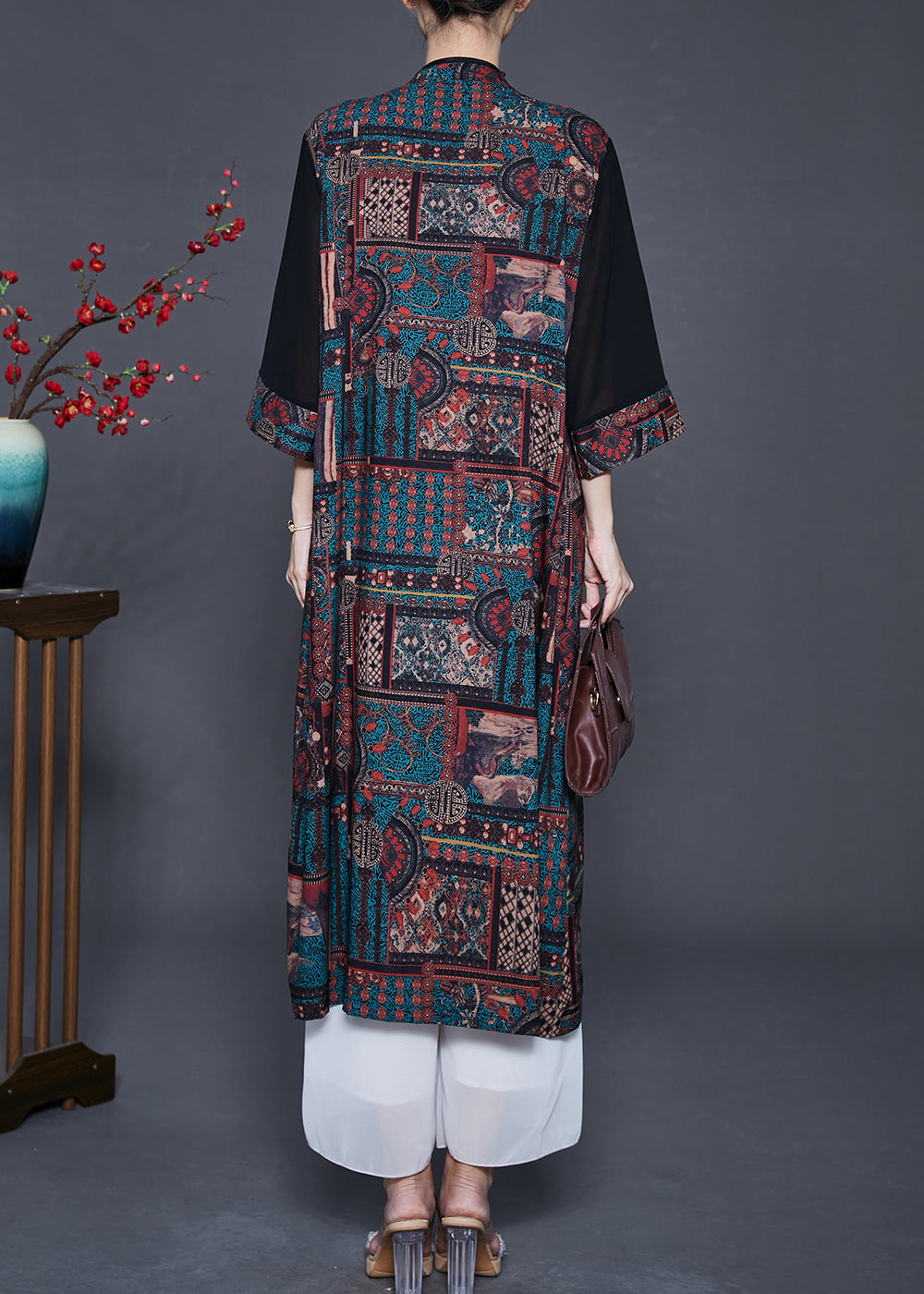 Black Mandarin Collar Patchwork Print Silk Cardigans Fall