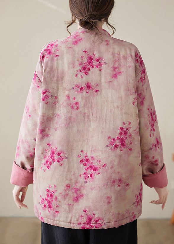 Pink Print Button Pockets Cotton Filled Parkas Winter