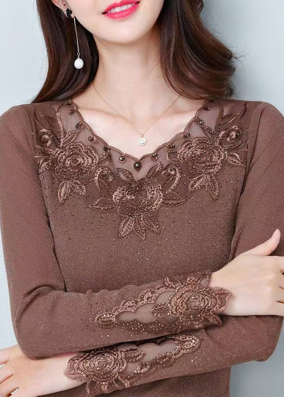 Coffee O Neck Patchwork Tulle Blouse Tops Spring