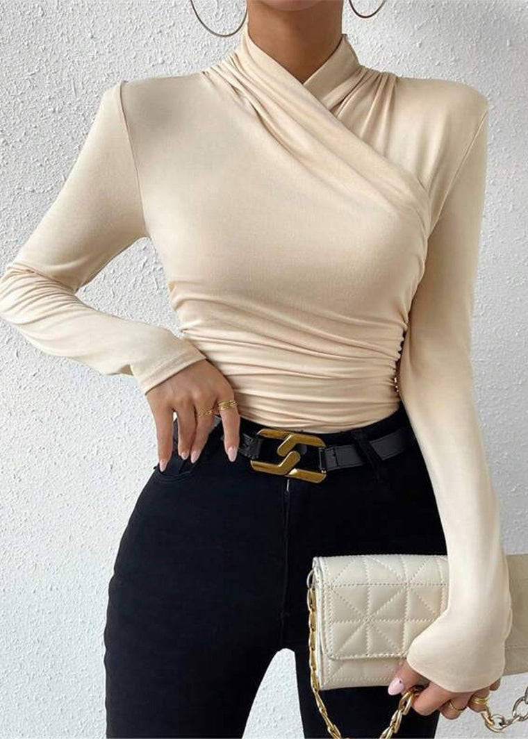 New Apricot Cross Collar Wrinkled Cotton T Shirts Tops Spring