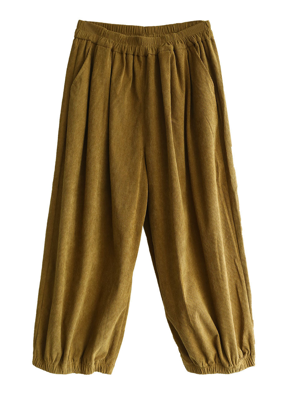 Yellow Elastic Waist Corduroy Harem Pants Fall