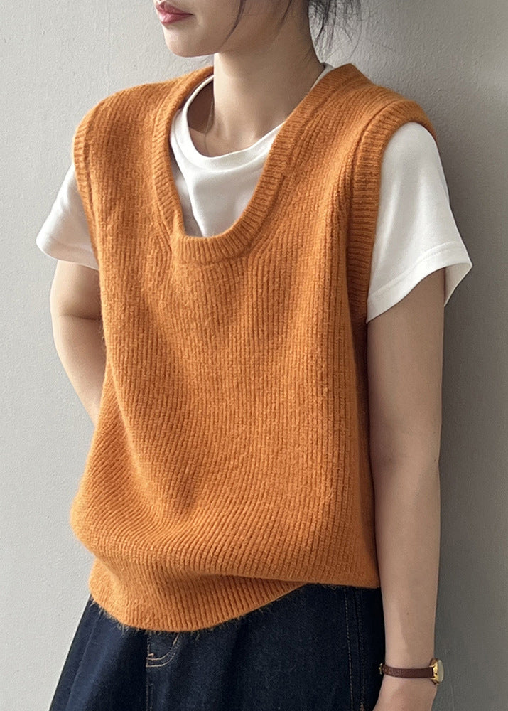 Simple Versatile Green U Neck Knitted Vest Autumn