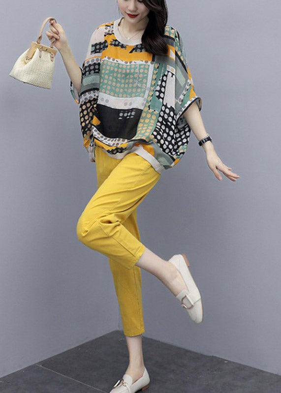 Yellow O-neck Print Top and Pants Two Pieces Set Summer